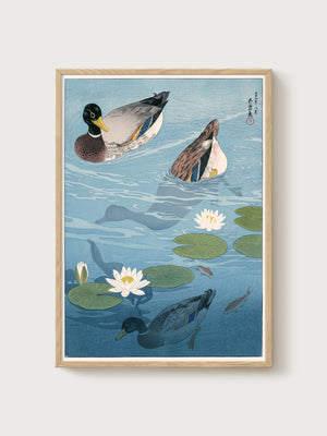 Duck Painting Japanese Wall Art poster in oak frame