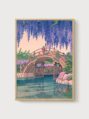 Wisteria Bridge Zen Garden Print poster in oak frame
