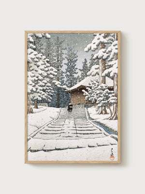 Japanese Snow Temple Winter Wall Art poster in oak frame