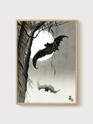 Japanese Woodblock Bat Moon Print poster in oak frame