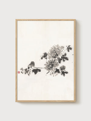 Sumi-e Peony Ink Wash Painting poster in oak frame