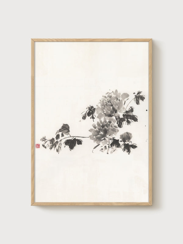 Sumi-e Peony Ink Wash Painting poster in oak frame