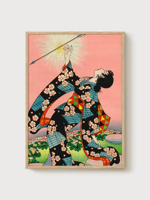 Cherry Blossom Kimono Woman Print poster in oak frame