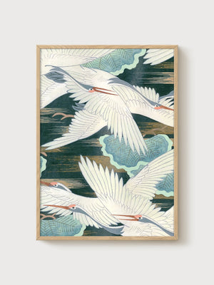 Crane Art Print poster in oak frame