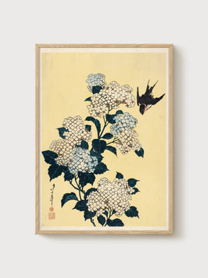 Hydrangea Print Japanese Woodblock poster in oak frame