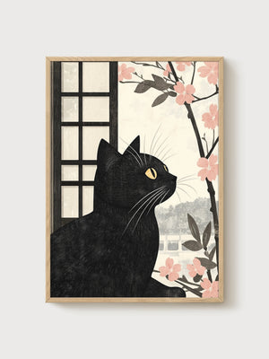 Black Cat Cherry Blossom Art Print poster in oak frame