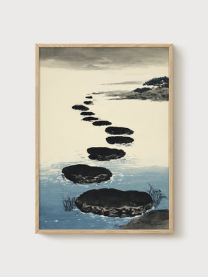 Zen Stepping Stones Watercolor Landscape poster in oak frame