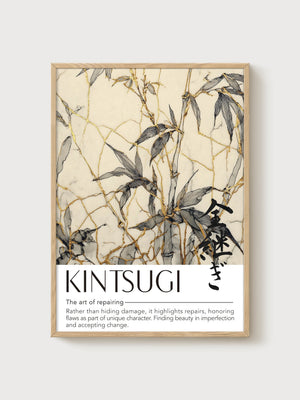 Kintsugi Bamboo Wabi Sabi Wall Art poster in oak frame