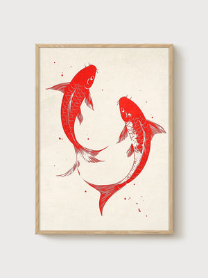 Koi Fish Wall Art poster in oak frame