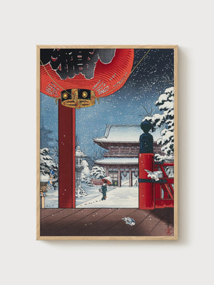 Japanese Temple Snow Scene Print poster in oak frame
