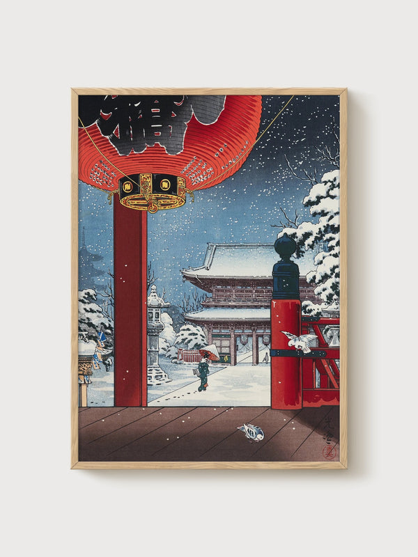 Japanese Temple Snow Scene Print poster in oak frame