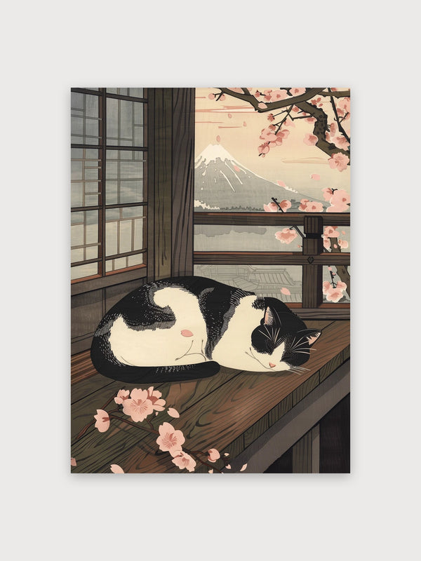 Cat By Window Mount Fuji Cherry Blossoms - Digital Download