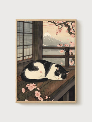 Tuxedo Cat Japanese Wall Art poster in oak frame