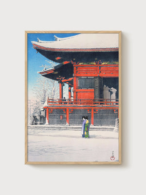 Japanese Temple Snow Scene Print poster in oak frame