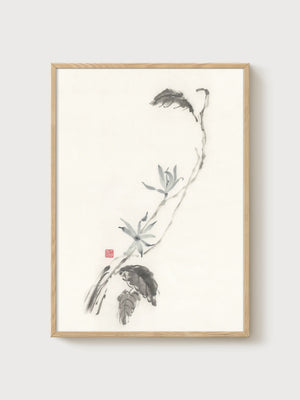Ink Wash Painting of Lotus Branch poster in oak frame