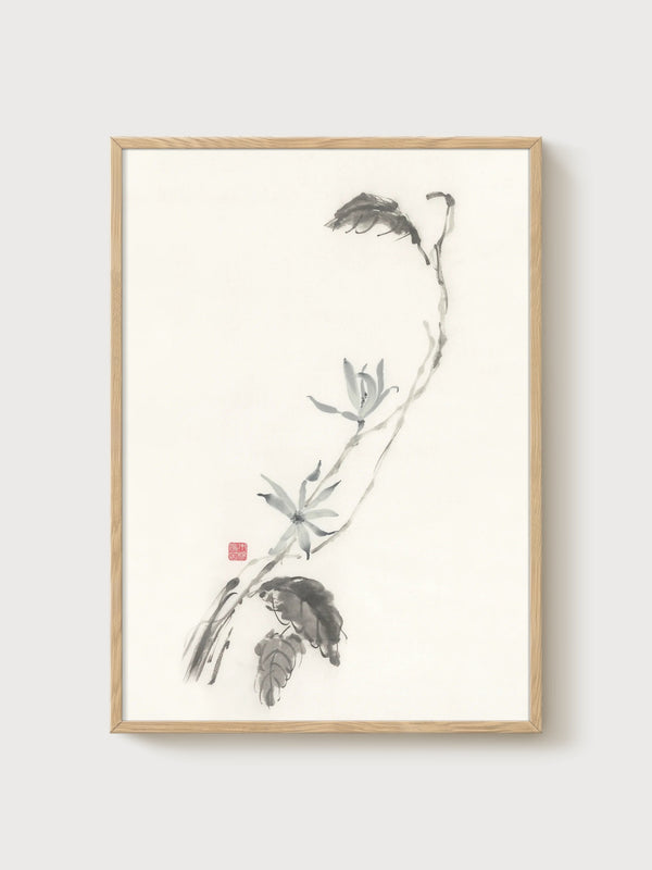 Ink Wash Painting of Lotus Branch poster in oak frame