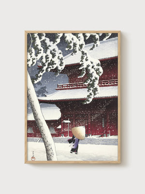 Japanese Temple Snow Scene Print poster in oak frame