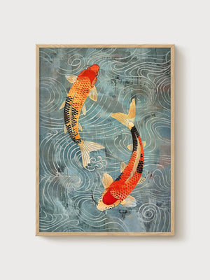 Koi Fish Wall Art poster in oak frame