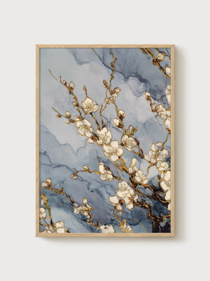 Cherry Blossom Watercolor Flowers Print poster in oak frame