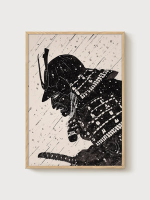 Samurai Warrior One Line Drawing Art Print poster in oak frame