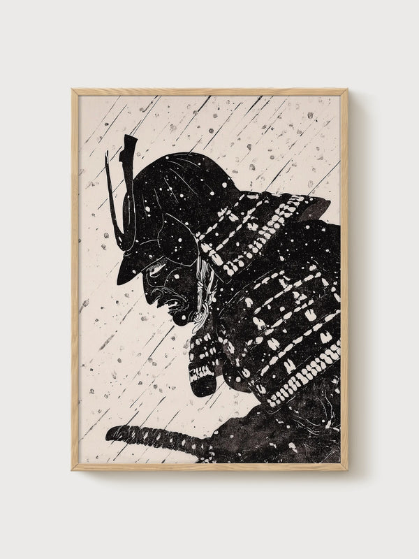 Samurai Warrior One Line Drawing Art Print poster in oak frame