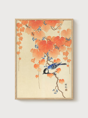 Japanese Bird Woodblock Print poster in oak frame