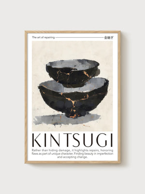 Kintsugi Bowl Wabi Sabi Wall Art poster in oak frame