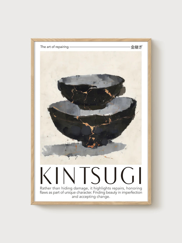 Kintsugi Bowl Wabi Sabi Wall Art poster in oak frame