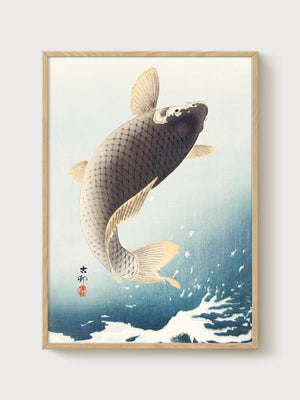 Koi Fish Wall Art poster in oak frame