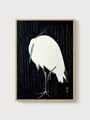 Crane in Rain Print poster in oak frame