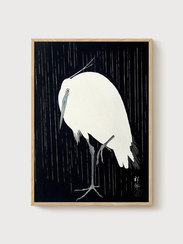 Crane in Rain Print poster in oak frame