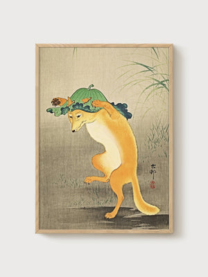 Whimsical Fox Art poster in oak frame