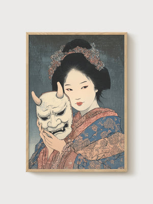 Geisha Noh Mask Art Print poster in oak frame