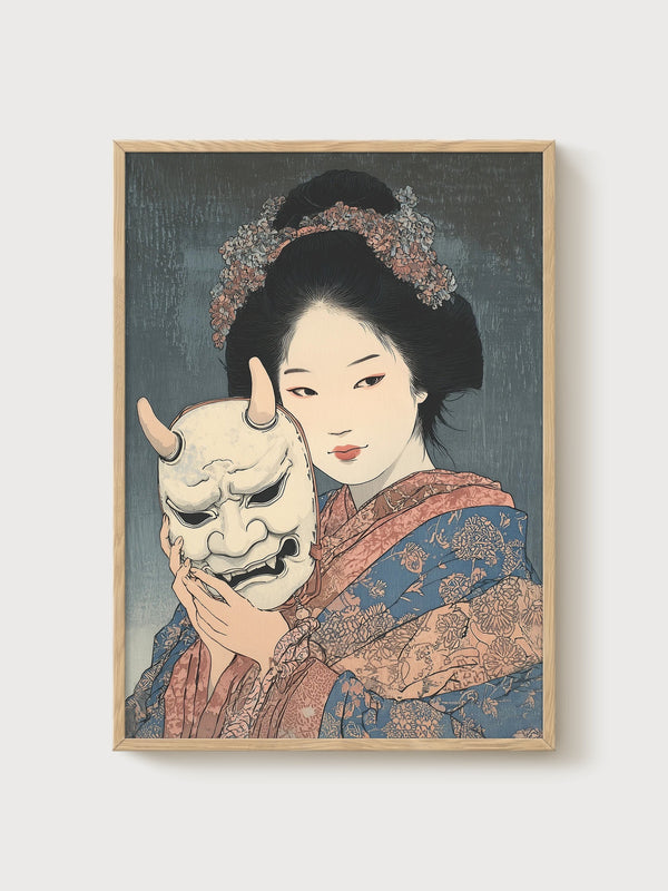 Geisha Noh Mask Art Print poster in oak frame