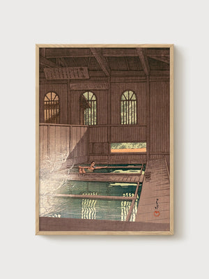 Japanese Bathhouse Woodblock Print poster in oak frame