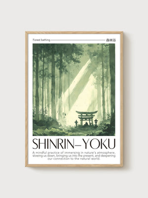 Shinrin-Yoku Forest Bathing Watercolor Print poster in oak frame