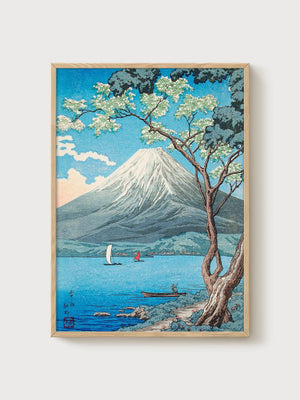 Mount Fuji Woodblock Print poster in oak frame