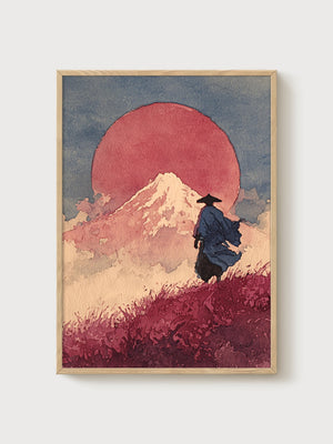 Samurai Mount Fuji Watercolor Print poster in oak frame
