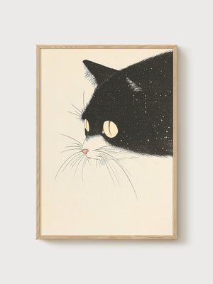 Tuxedo Cat Line Art Poster poster in oak frame