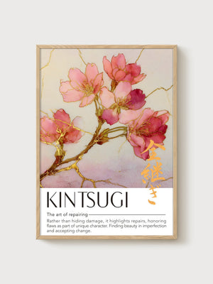 Kintsugi Cherry Blossom Watercolor Flowers poster in oak frame