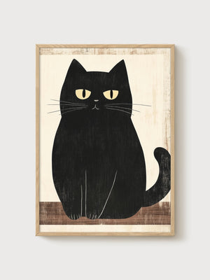 Black Cat Art Print poster in oak frame
