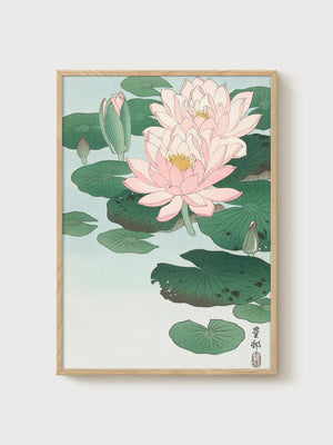 Water Lily Lotus Flower Japanese Art Print poster in oak frame