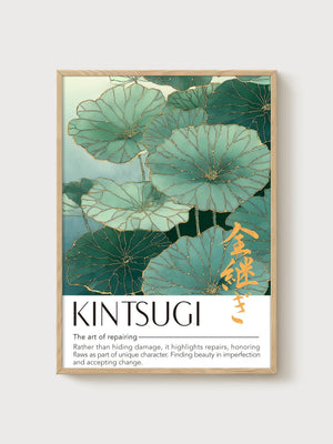 Kintsugi Lotus Wall Art poster in oak frame