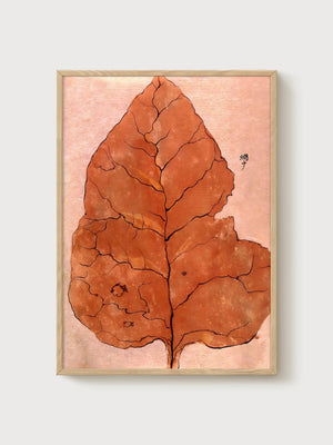 Botanical Leaf Line Art Print poster in oak frame