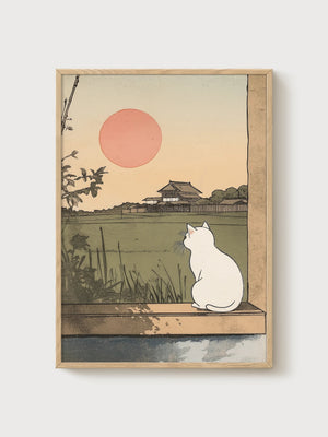 Japanese Cat Art Print poster in oak frame
