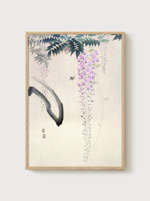 Wisteria Woodblock Print poster in oak frame
