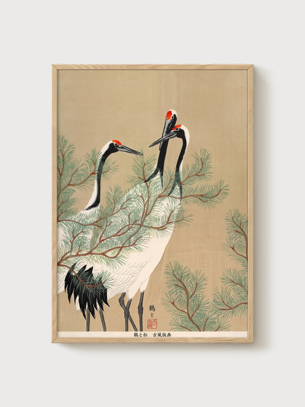 Crane and Pine Poster poster in oak frame