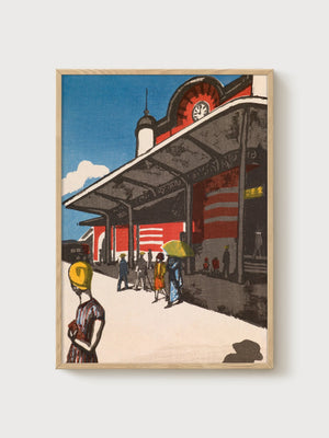 Tokyo Station Showa Retro Futurism Art Print poster in oak frame