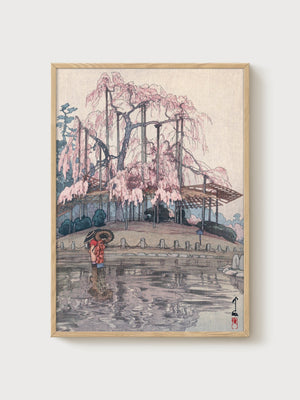 Weeping Willow Tree Woodblock Print poster in oak frame