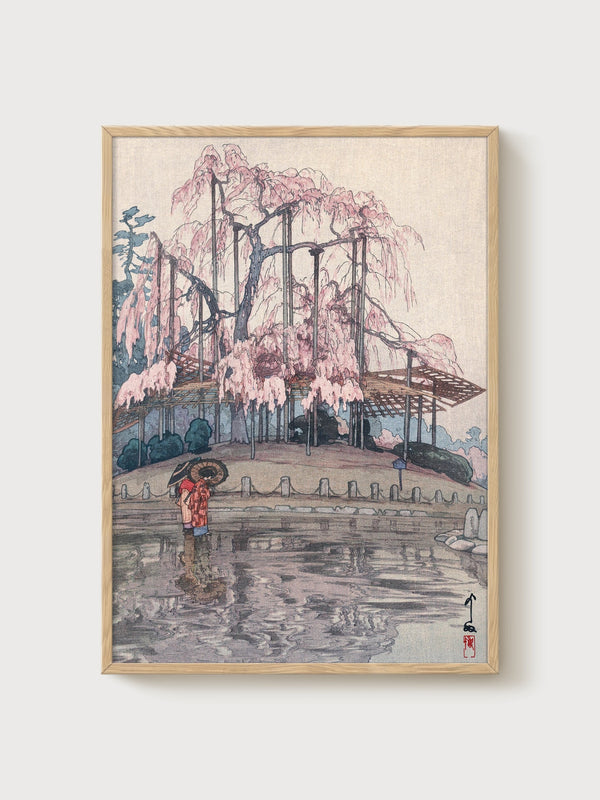 Weeping Willow Tree Woodblock Print poster in oak frame